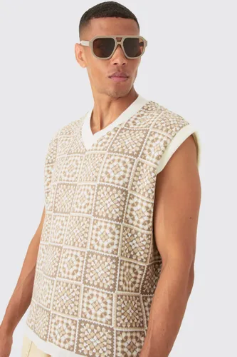 Mens White Oversized V Neck Crochet Knitted vest, White