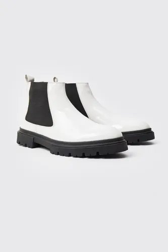 Mens White Patent Chelsea Boots With Track Sole, White