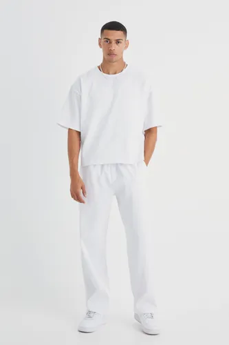 Mens White Pleated Oversized Boxy T-shirt & Trouser, White