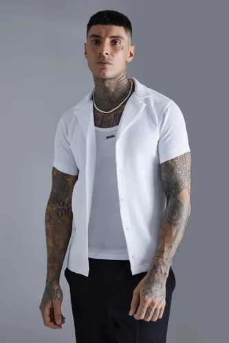 Mens White Pleated Stretch Fit Revere Shirt, White