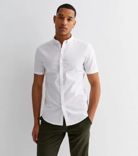Men's White Short Sleeve Muscle Fit Oxford Shirt New Look