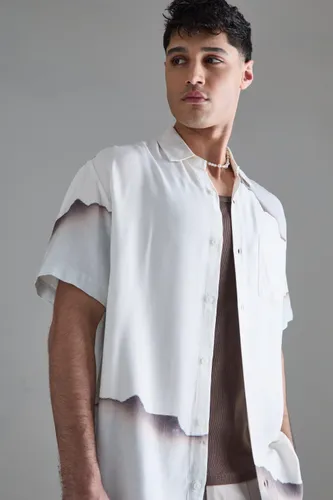 Mens White Short Sleeve Oversized Viscose Blur Burnt Paper Shirt, White