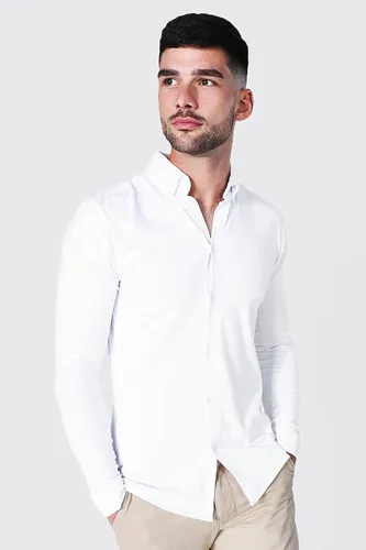 Mens White Stretch Fit Long Sleeve Jersey Shirt, White