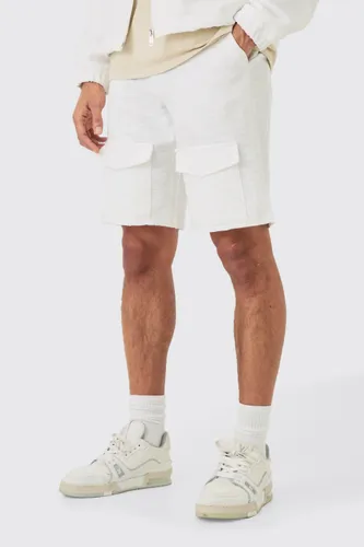 Mens White Textured Jacquard Fixed Waist Smart Cargo Shorts, White