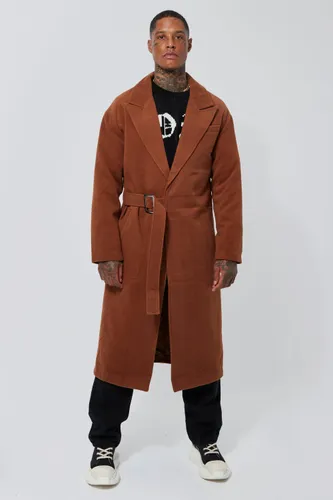 Men's Wool Look Brass Buckle Longline Overcoat - Orange - Xs, Orange
