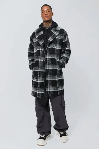 Men's Wool Look Check Single Breasted Overcoat - Black - S, Black