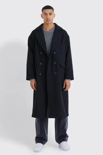 Men's Wool Look Double Breasted Textured Overcoat - Black - S, Black