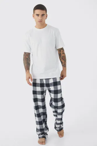 Men's Woven Check Pyjama Bottoms And T-Shirt Set - Black - L, Black