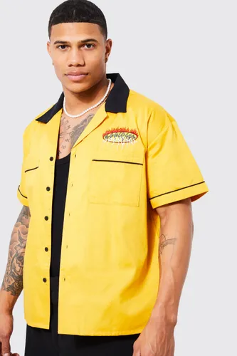 Mens Yellow Boxy Cotton Official Embroidered Shirt, Yellow