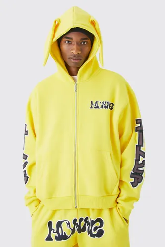 Mens Yellow Oversized Boxy Homme Zip Through Ear Hoodie, Yellow