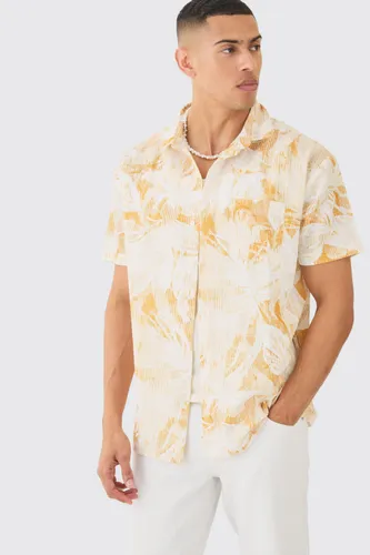 Mens Yellow Oversized Linen Look Brush Palm Print Shirt, Yellow