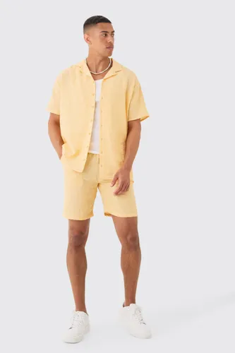 Mens Yellow Oversized Linen Look Shirt & Short Set, Yellow
