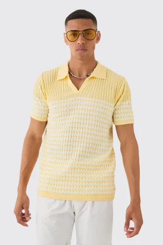 Mens Yellow Regular V Neck Stripe Knitted Polo, Yellow
