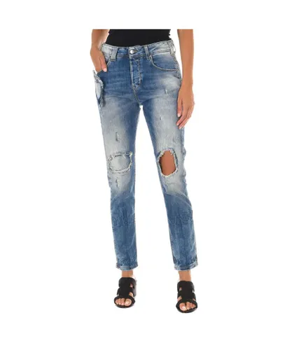 Met Womenss long worn effect jeans 10DBF0667 - Blue Cotton