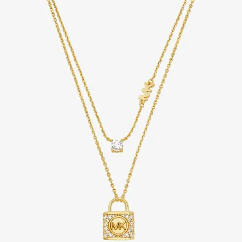 Michael Kors 14ct Gold Plated Cubic Zirconia Logo Padlock Two Row Necklace MKC1630AN710