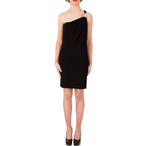 Michael Kors , Black One Shoulder Jersey Dress with Golden Hardware ,Black female, Sizes: