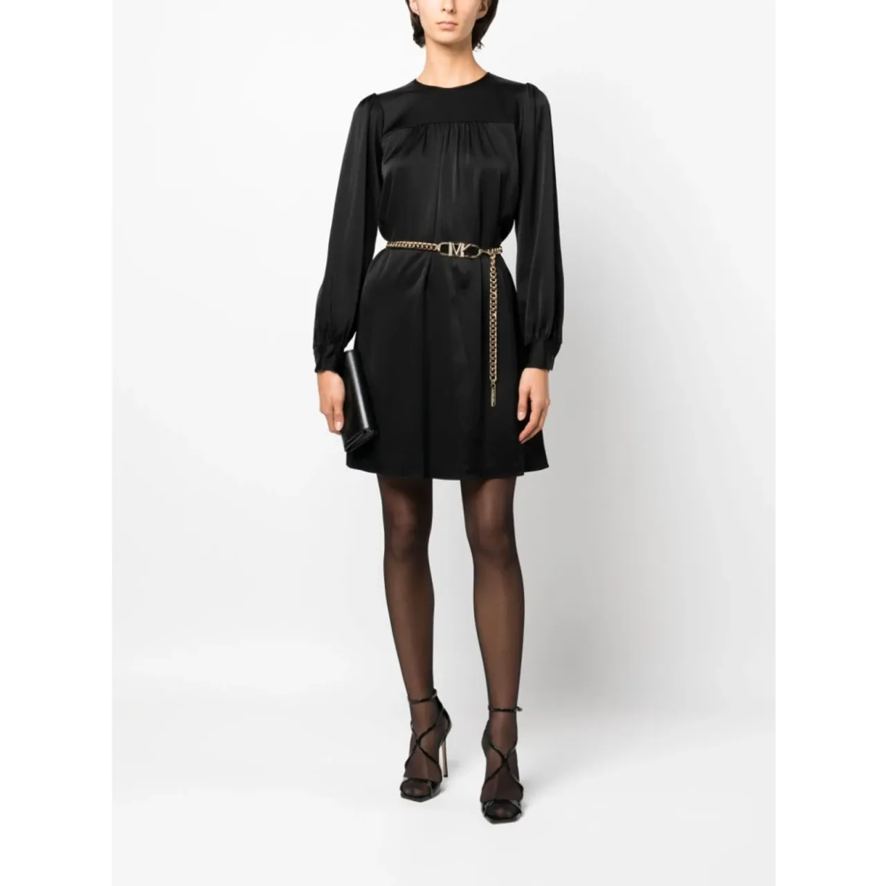 Michael Kors , Black Satin-Finish Belted Minidress ,Black female, Sizes: