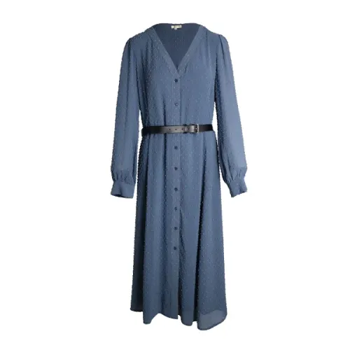 Michael Kors , Blue Polyester Long Sleeve Belted Dress ,Blue female, Sizes: