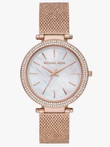 Michael Kors Ladies Darci Mother Of Pearl Dial Crystal Set Bezel Rose Gold Plated Mesh Strap Watch MK4519