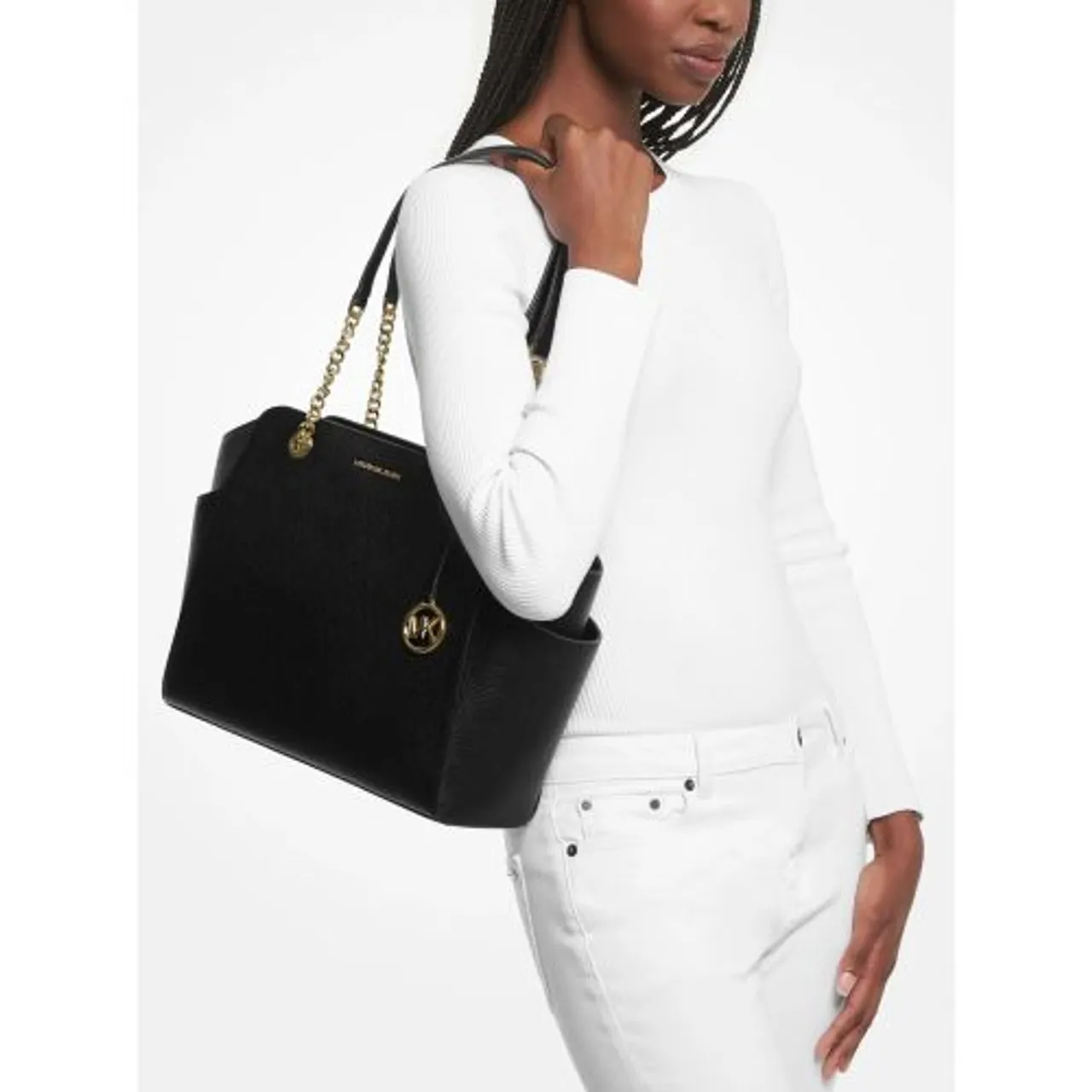 Michael Kors Womens Black Jacquelyn Medium Top Zip Chain Tote Bag