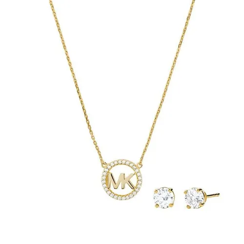 MICHAEL Michael Kors 14k Gold Plated Pave Logo Charm Necklace and Stud Earring Set - Gold