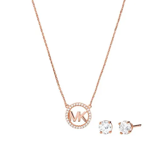 MICHAEL Michael Kors 14k Gold Plated Pave Logo Charm Necklace and Stud Earring Set - Pink