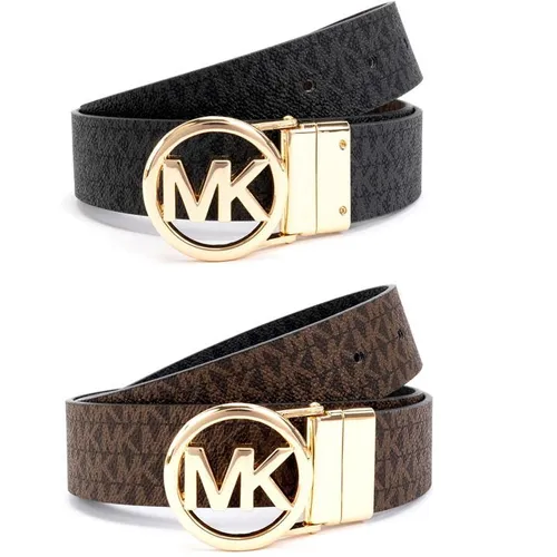 MICHAEL Michael Kors Michael Kors Round Buckle Reversible Logo and Leather Belt - Brown
