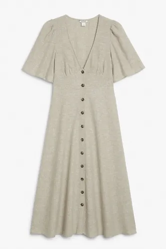 Midi short sleeve linen dress - Brown