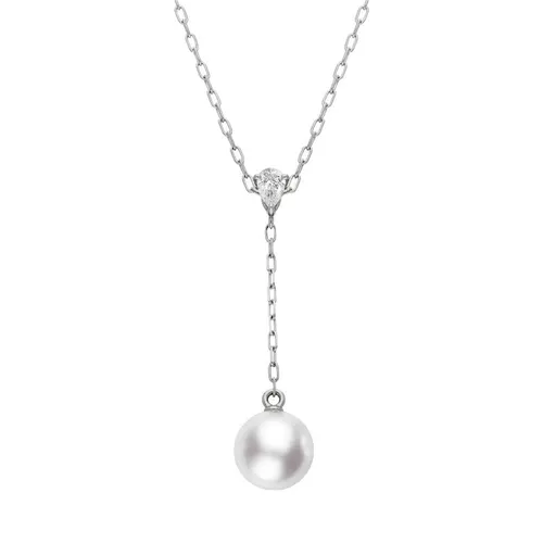 Mikimoto 18ct White Gold Diamond 7.5mm White Akoya Pearl Drop Necklace - Option1 Value White Gold