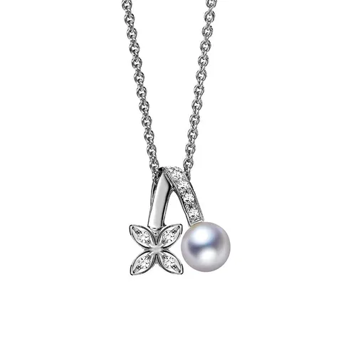 Mikimoto 18ct White Gold Diamond White Akoya Pearl Flower Necklace - White Gold