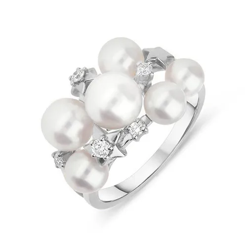 Mikimoto 18ct White Gold Diamond White Akoya Pearl Stars Ring - 53