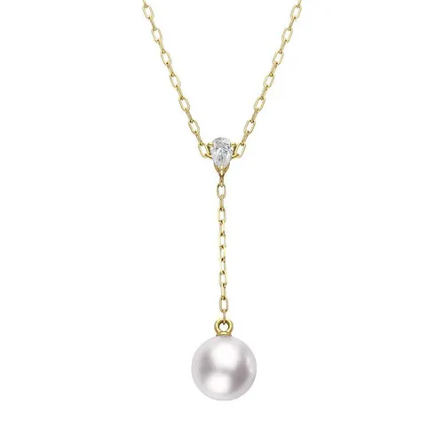 Mikimoto 18ct Yellow Gold White Akoya Pearl Diamond Drop Necklace