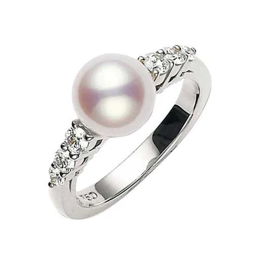 Mikimoto Morning Dew 18ct White Gold Diamond White Akoya Pearl Ring - 52