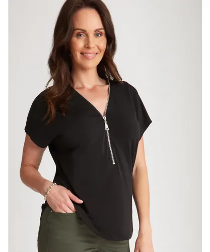 Millers Womens Extended Sleeve Puff Print Zip Detail Top - Black