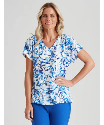 Millers Womens Short Sleeve Printed V-Neck Slub Top - Blue