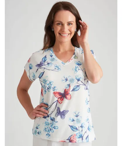 Millers Womens Short Sleeve Printed V-Neck Slub Top - Floral