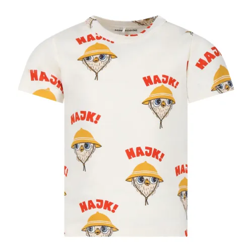 Mini Rodini , Cotton Owl Print T-Shirt ,Beige unisex, Sizes: