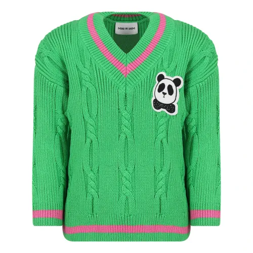 Mini Rodini , Green Cable-Knit Sweater with Panda Patch ,Green unisex, Sizes: