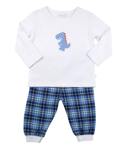 Mini Vanilla Baby Boy Dino Morgan Check Pyjamas with Integrated Scratch Mitts - Blue & White Cotton