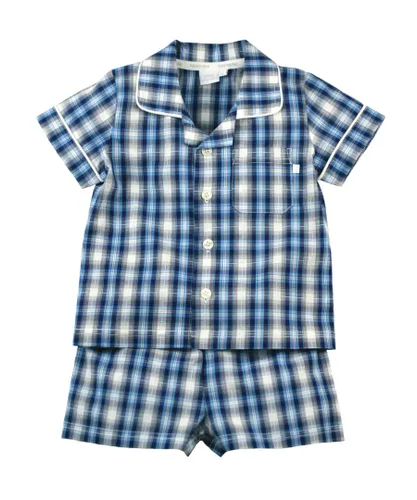 Mini Vanilla Boys' Blue Check Shortie Traditional Cotton Pyjamas