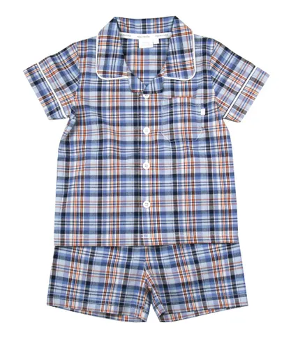 Mini Vanilla Boys' Shortie Cotton Traditional Check Pyjamas - Blue/Navy