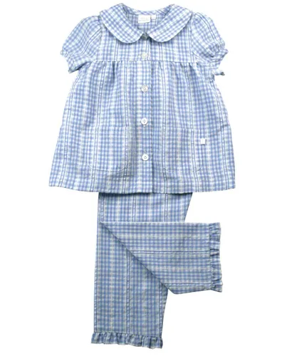 Mini Vanilla Girls Blue Seersucker Check Cotton Summer Pyjama Set. - Blue & White