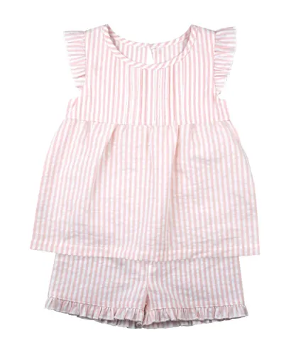 Mini Vanilla Girls Seersucker Pink and White Stripe Summer Traditional Shortie Pyjamas - Pink & White Cotton