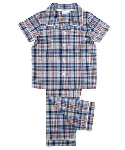 Mini Vanilla Traditional Boys' Cotton Check Summer Pyjamas - Blue/Navy