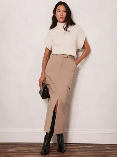 Mint Velvet Cotton Blend Cargo Midi Skirt, Beige - Beige - Female