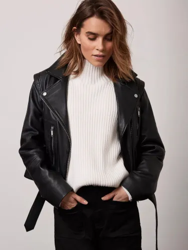 Mint Velvet Leather Biker Jacket, Black - Black - Female