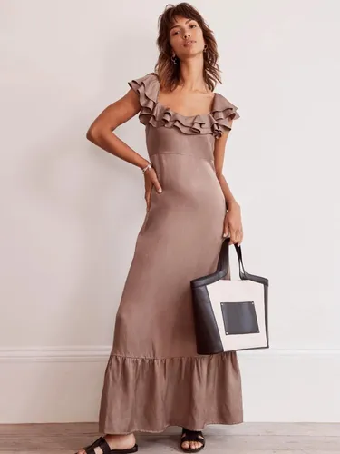 Mint Velvet Plain Satin Frill Linen Blend Maxi Dress - Dark Brown - Female