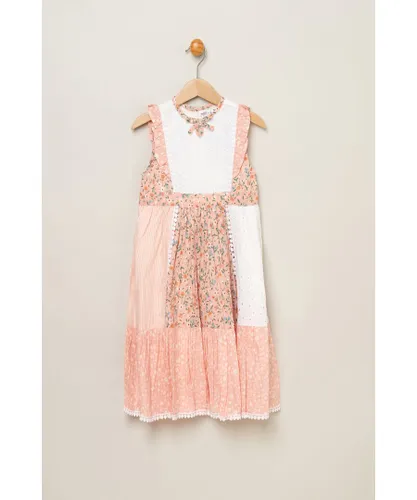 Miss Girls Patch Work Dress with Frill Sleeve - Pink