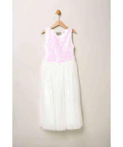 Miss Girls Sequin Bow Tulle Dress - Cream