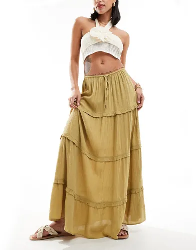 Miss Selfridge crinkle tiered prairie maxi skirt in neutral